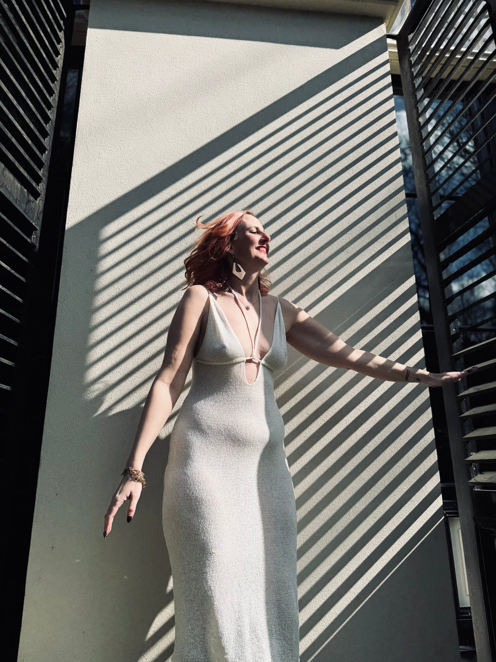 Soleil Rebelle - white knitted deep V neck summer dress