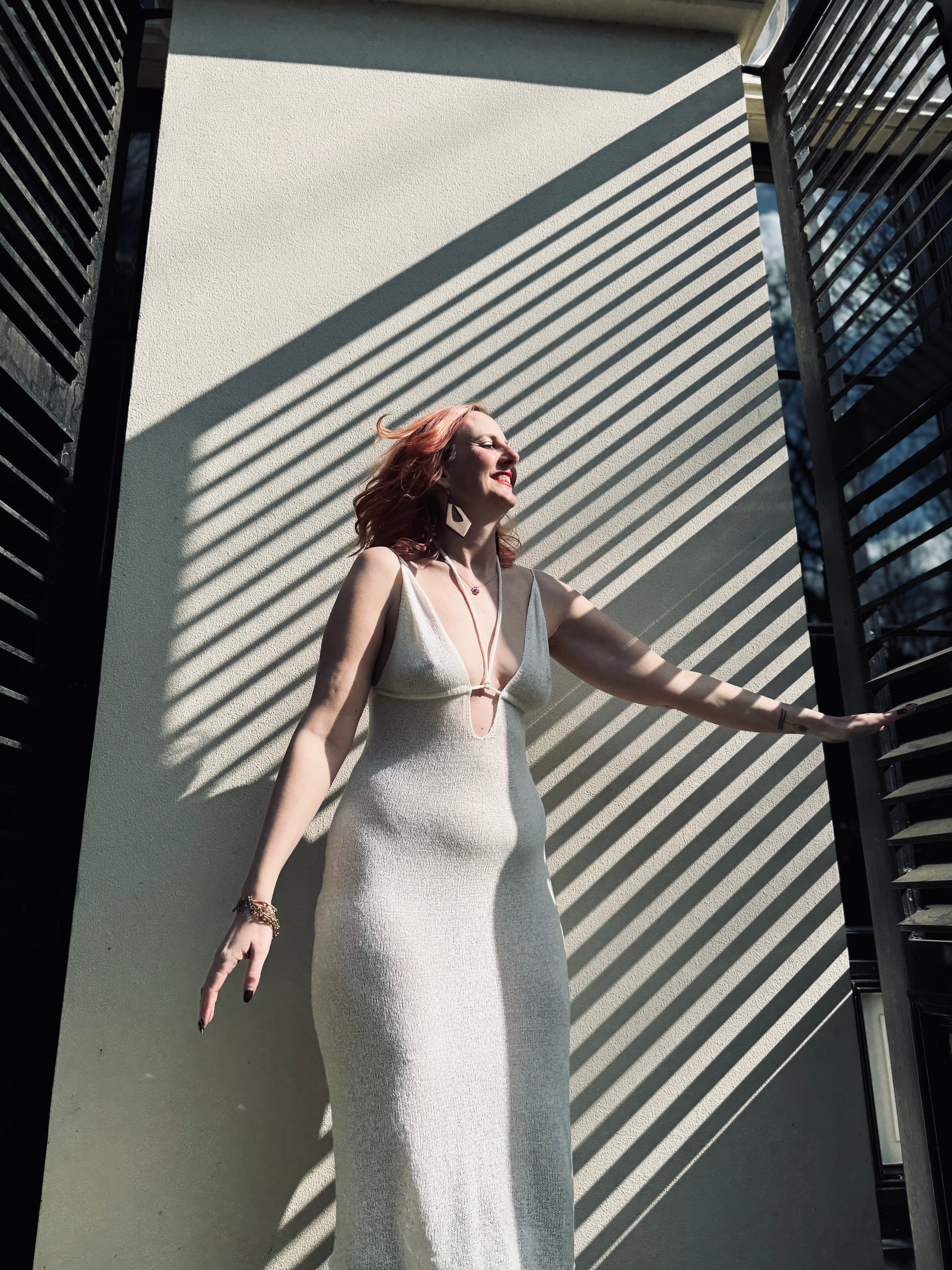 Soleil Rebelle - white knitted deep V neck summer dress