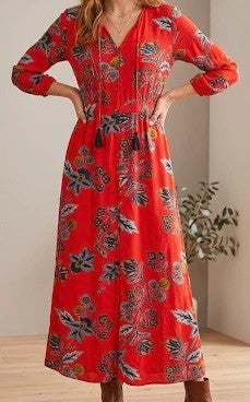 Rode Boho Maxi-jurk met Bloemenprint en Kwastjes
