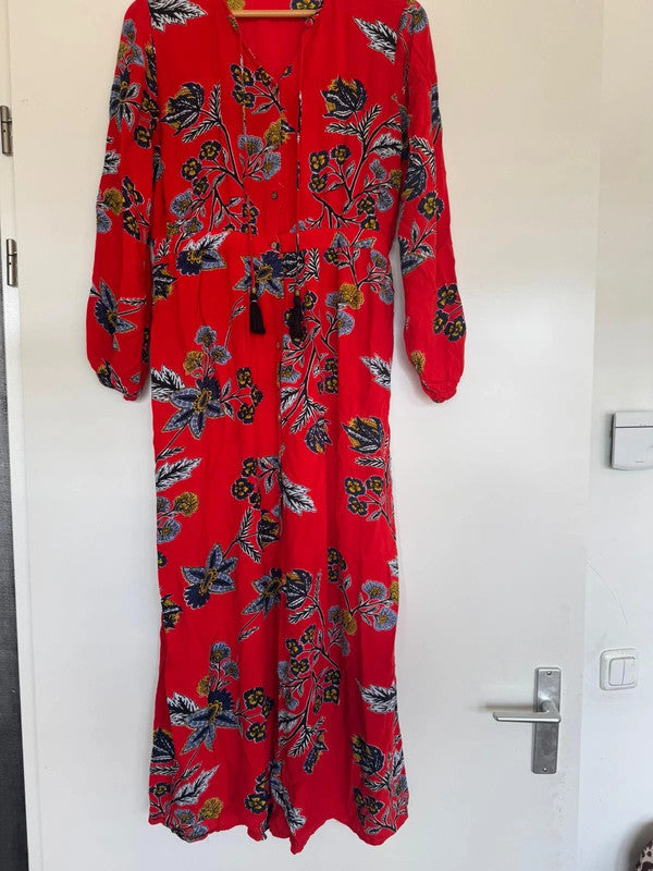 Rode Boho Maxi-jurk met Bloemenprint en Kwastjes