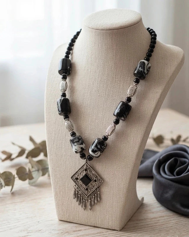 Chunky ethnische Statement Ketting - Tribal / Boho Stijl - Zwart &amp; Zilver