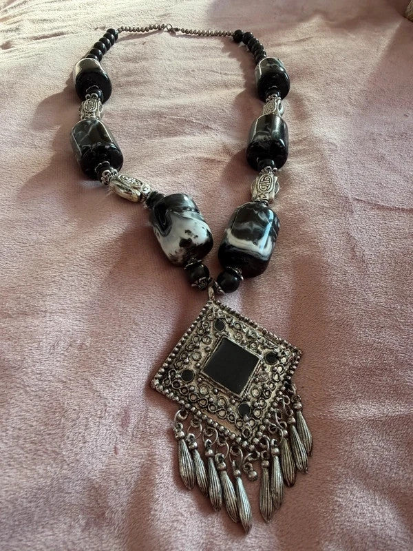 Chunky ethnische Statement Ketting - Tribal / Boho Stijl - Zwart &amp; Zilver