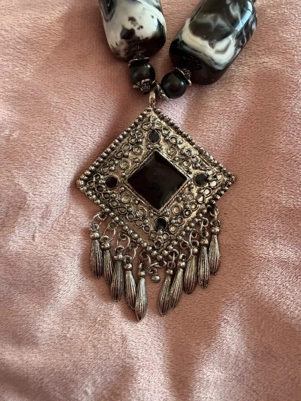 Chunky ethnische Statement Ketting - Tribal / Boho Stijl - Zwart &amp; Zilver