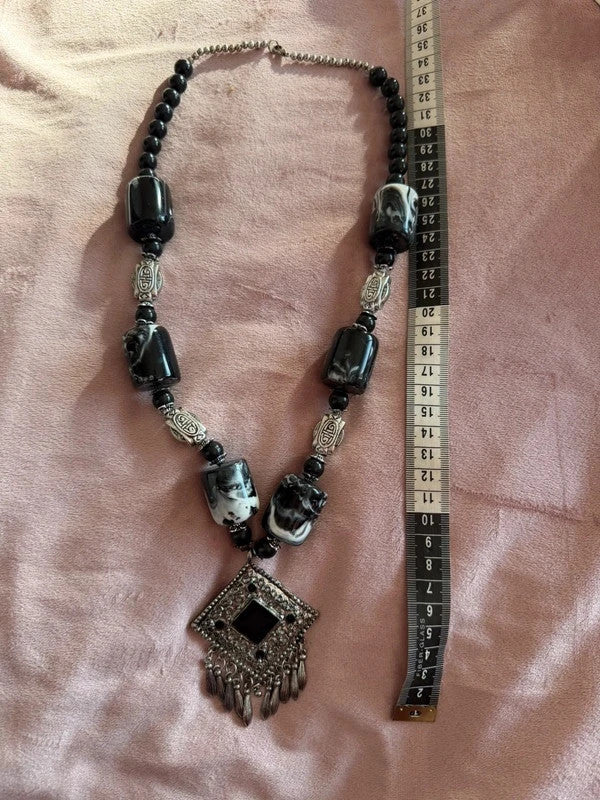 Chunky ethnische Statement Ketting - Tribal / Boho Stijl - Zwart &amp; Zilver