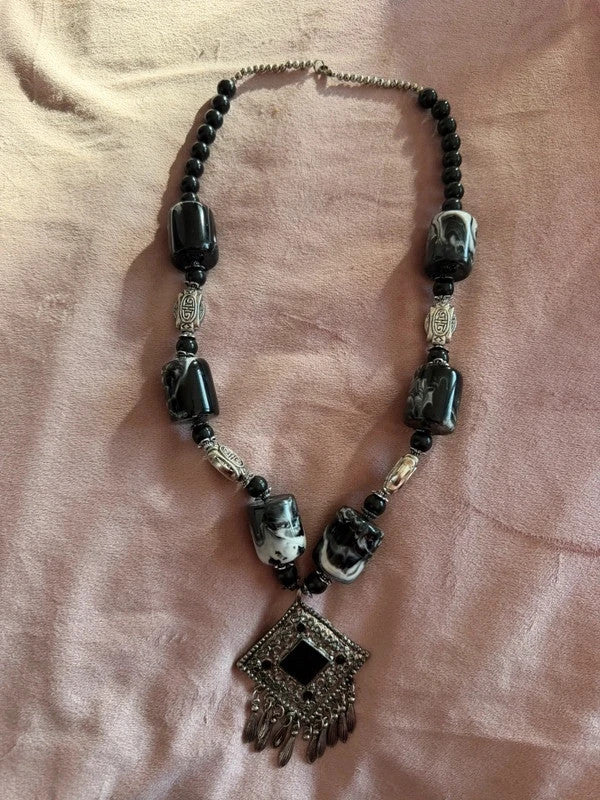 Chunky ethnische Statement Ketting - Tribal / Boho Stijl - Zwart &amp; Zilver