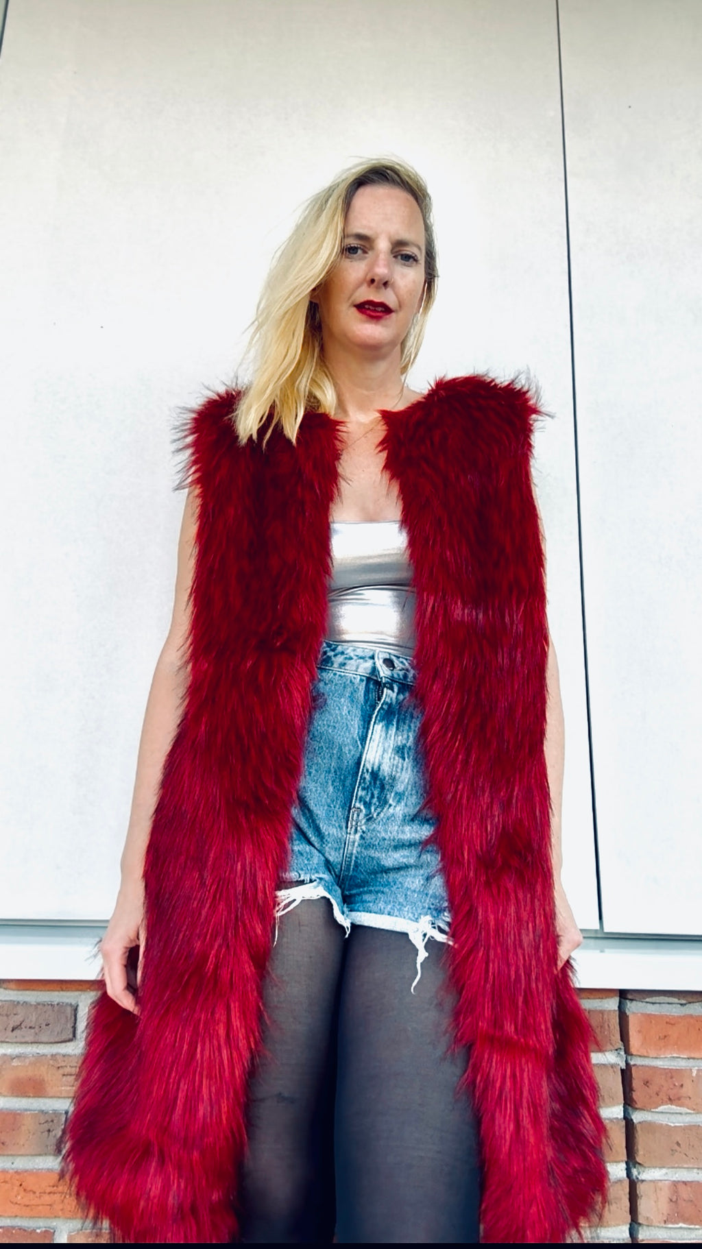 Red Riot Rebelle - long red faux fur body warmer