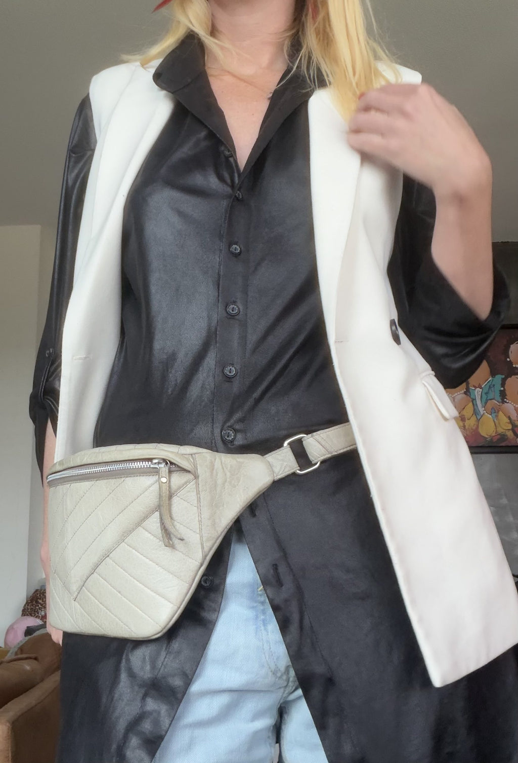 Light Grey Quilted Leather Belt Bag Waist Bag