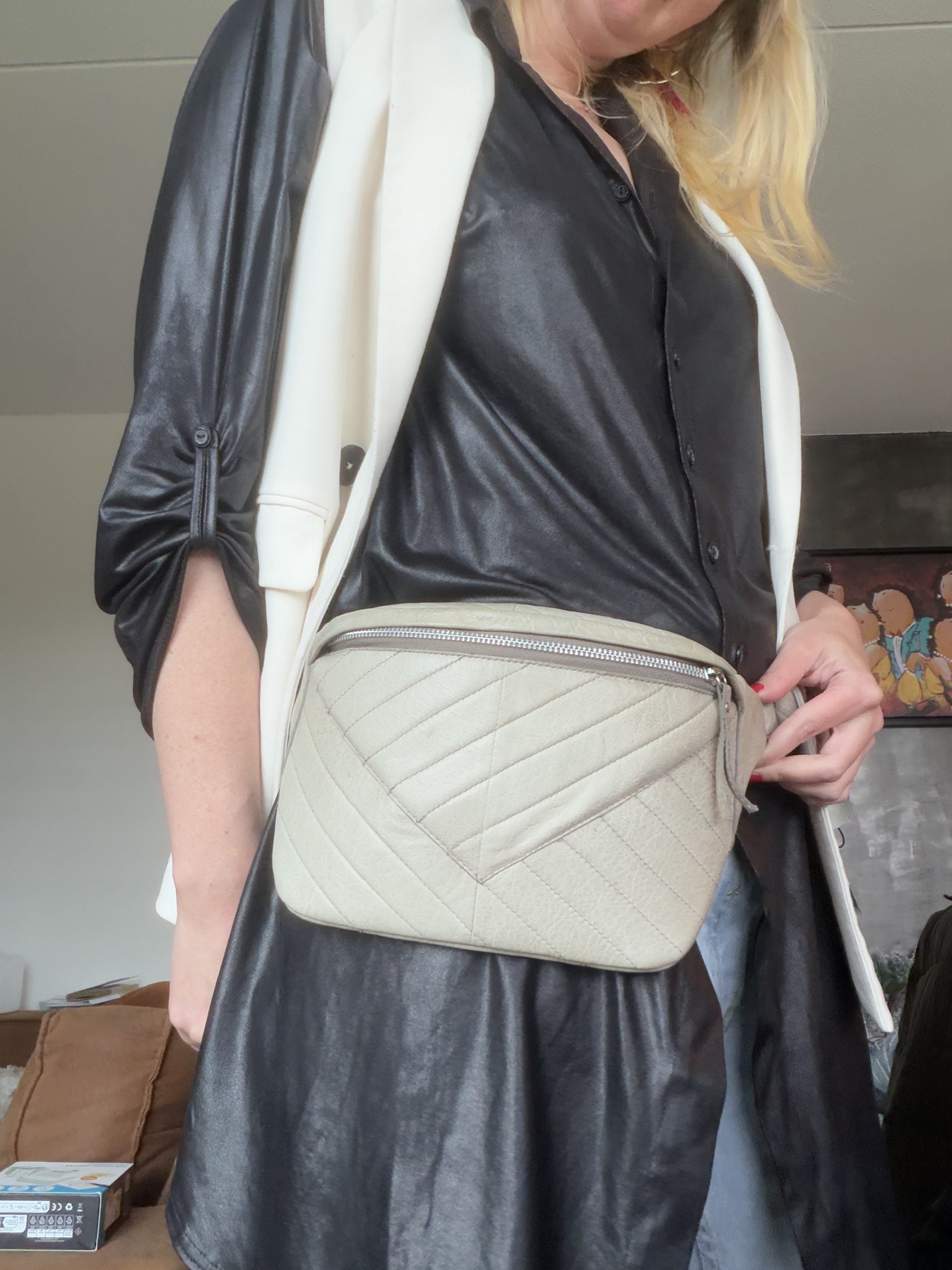 Light Grey Quilted Leather Belt Bag Waist Bag