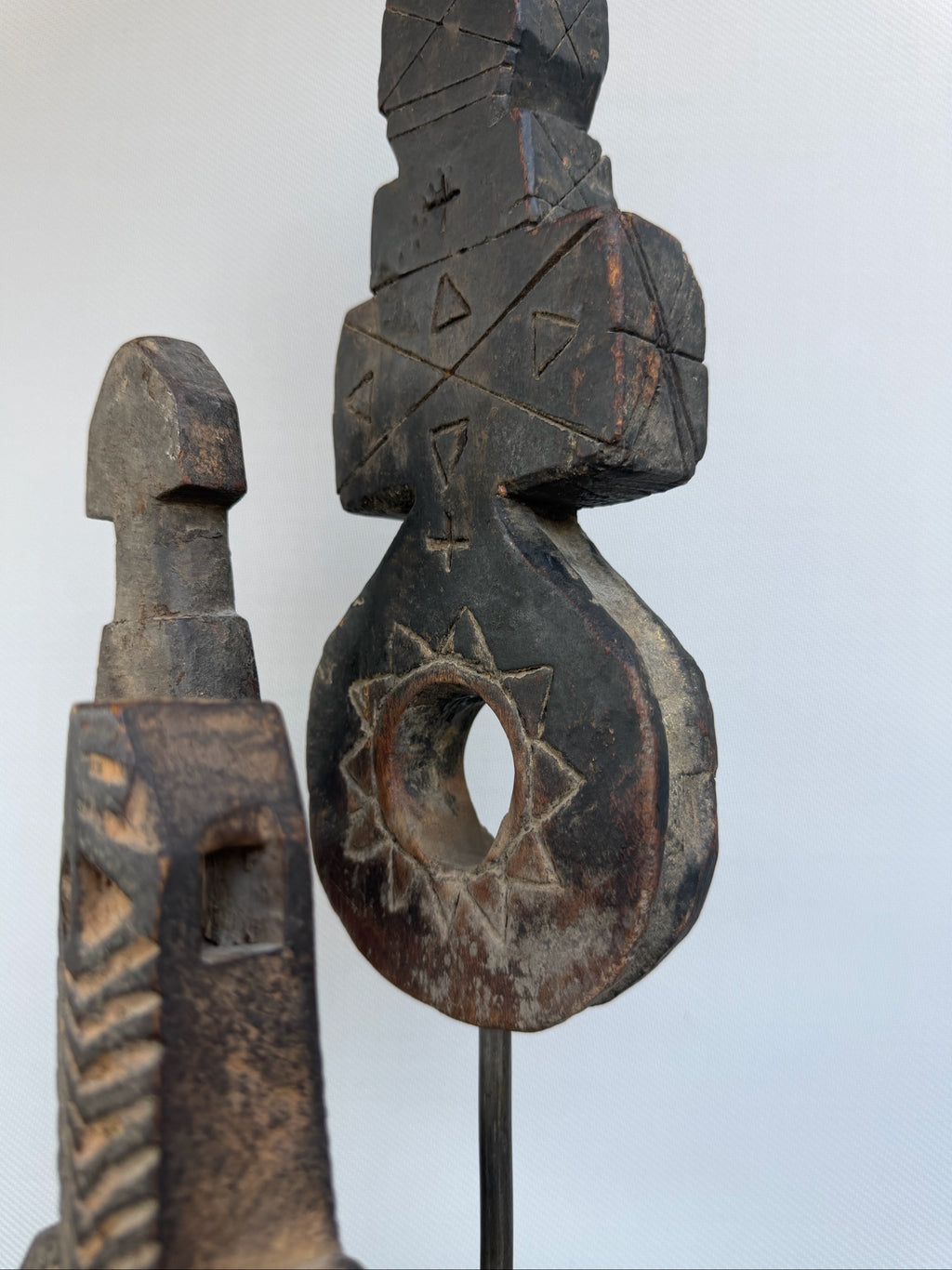 Hand Carved Tribal Abstract Sculpture Set on Metal Stand