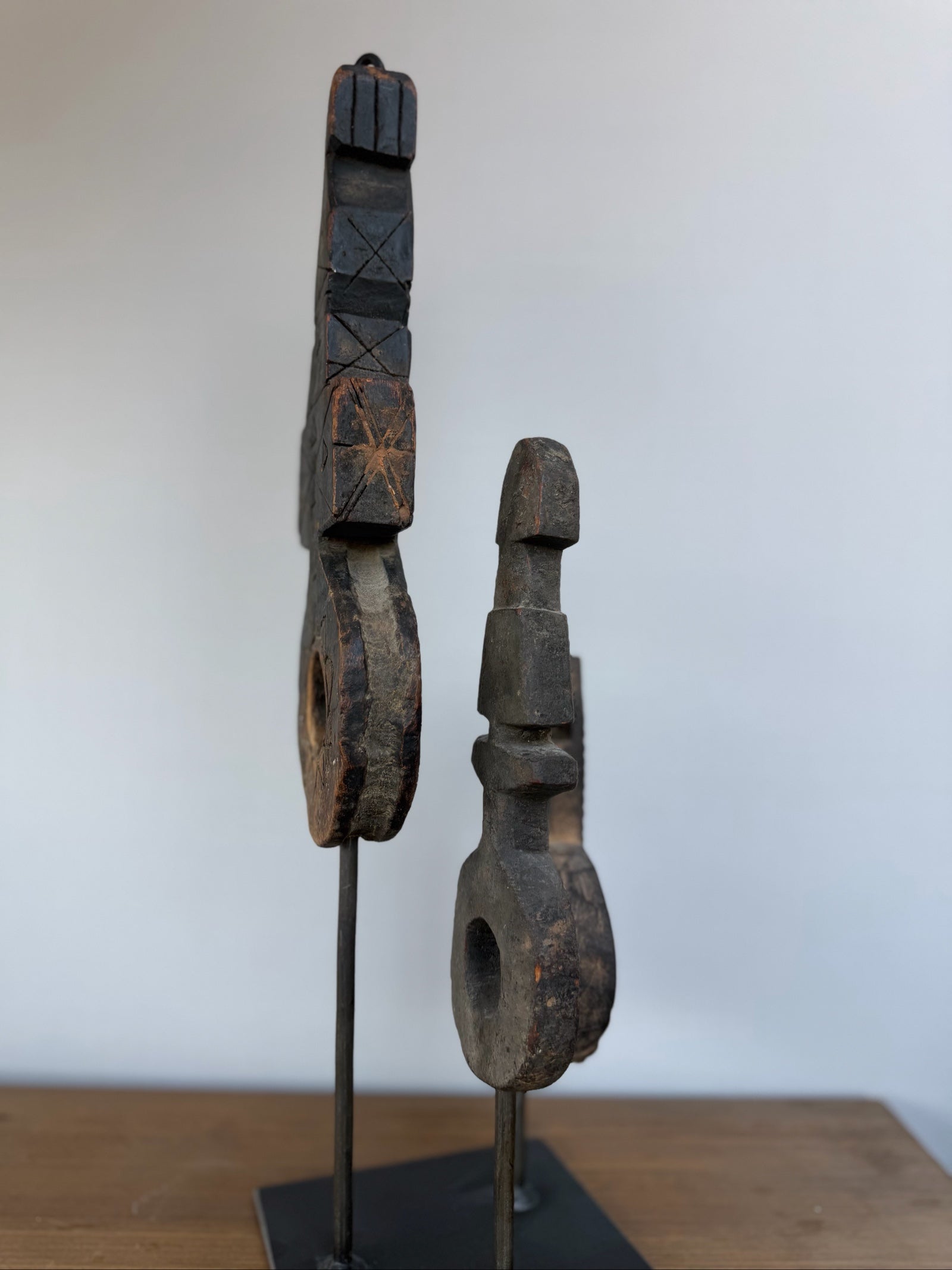 Hand Carved Tribal Abstract Sculpture Set on Metal Stand
