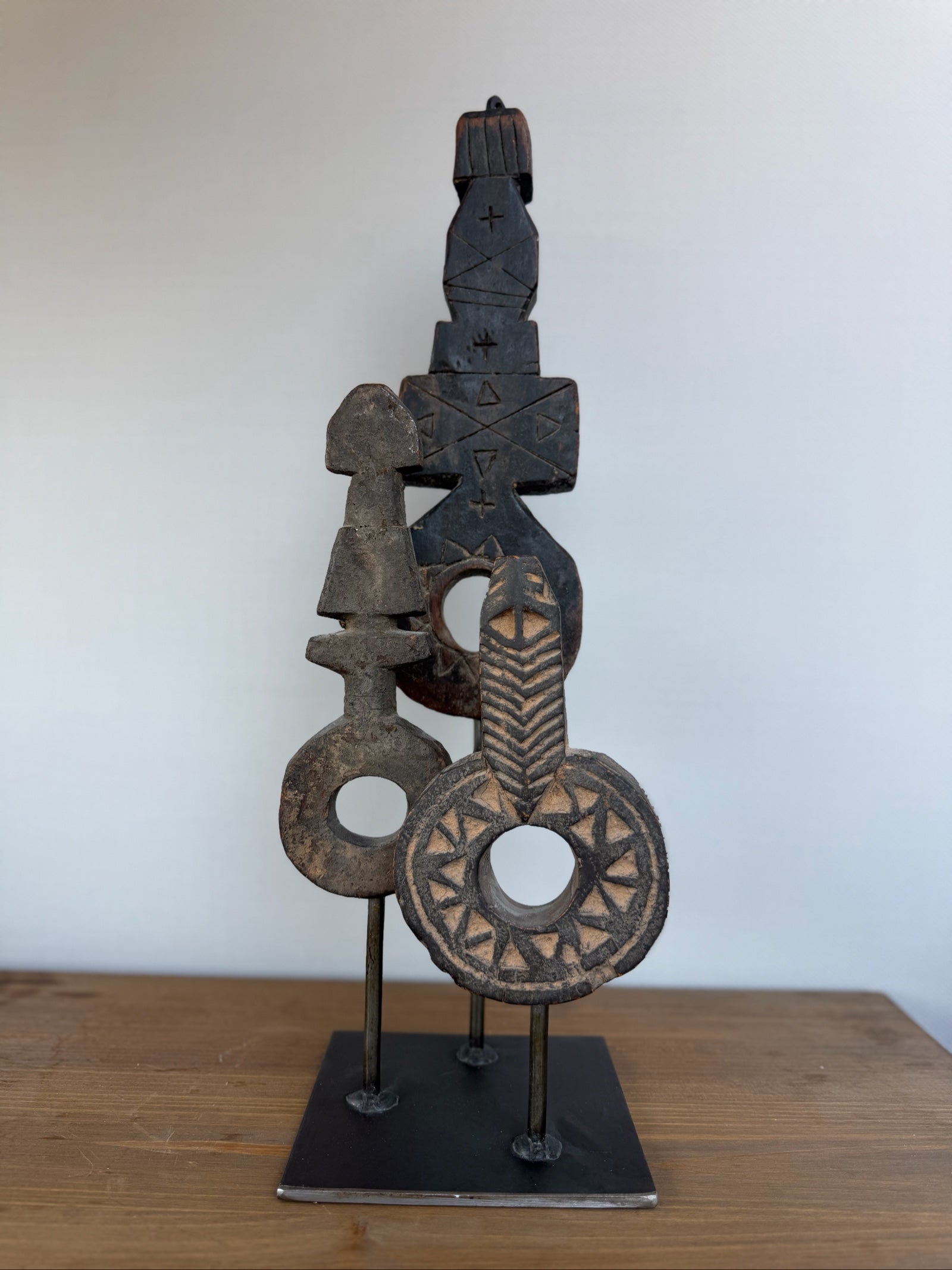 Hand Carved Tribal Abstract Sculpture Set on Metal Stand