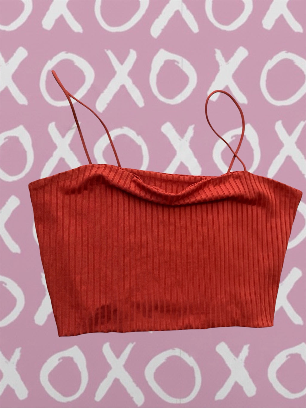 Rust ribbed crop top orange with spaghetti straps and textured fabric.