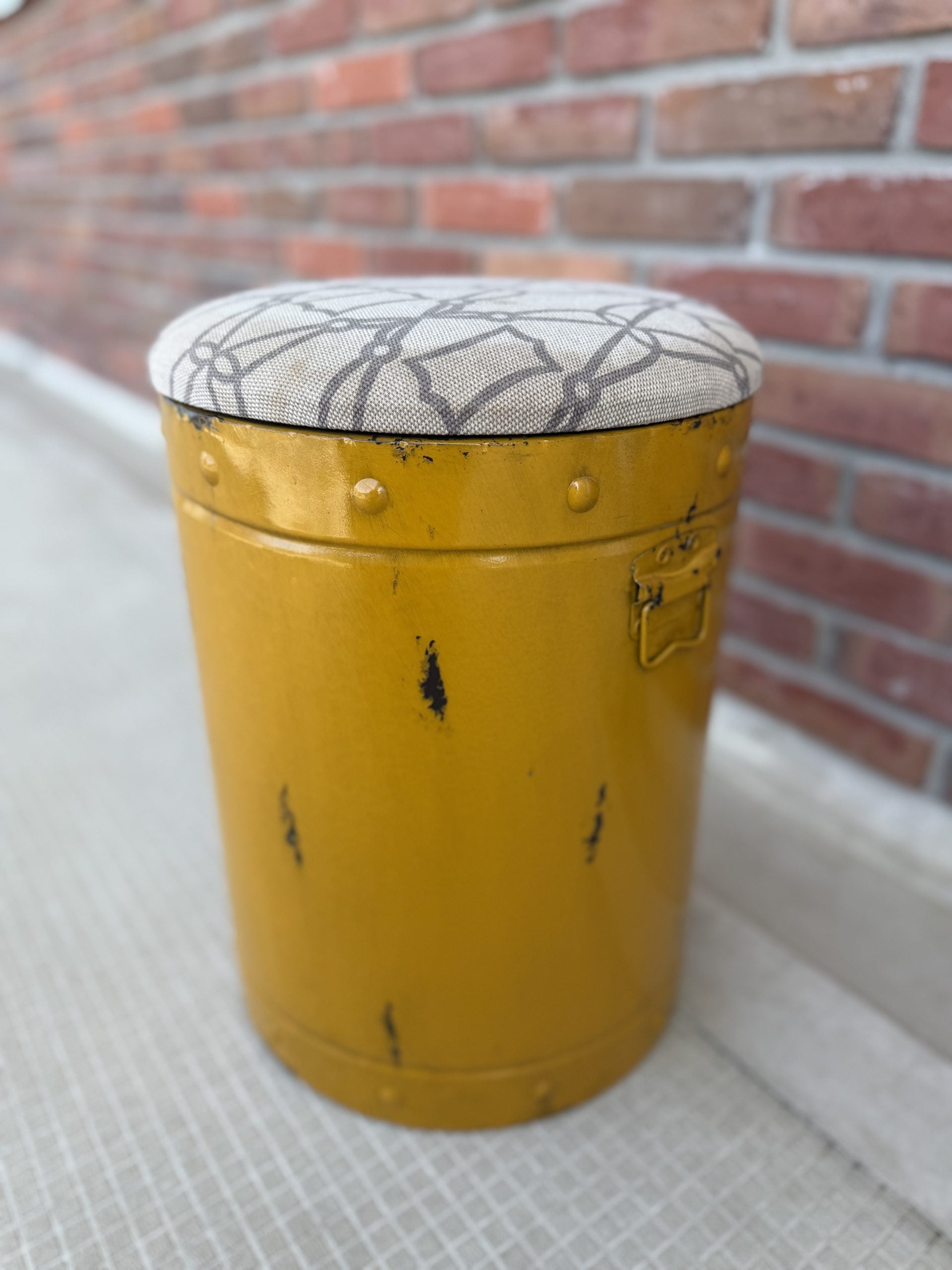 Yellow Retro Industrial Metal Stool with Patterned Fabric Seat