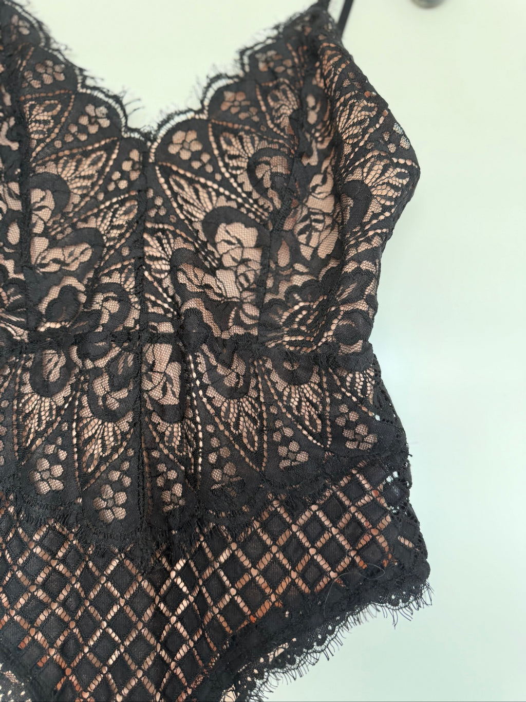 Black Lace Bodysuit Lingerie Size S/M Sheer Floral Design