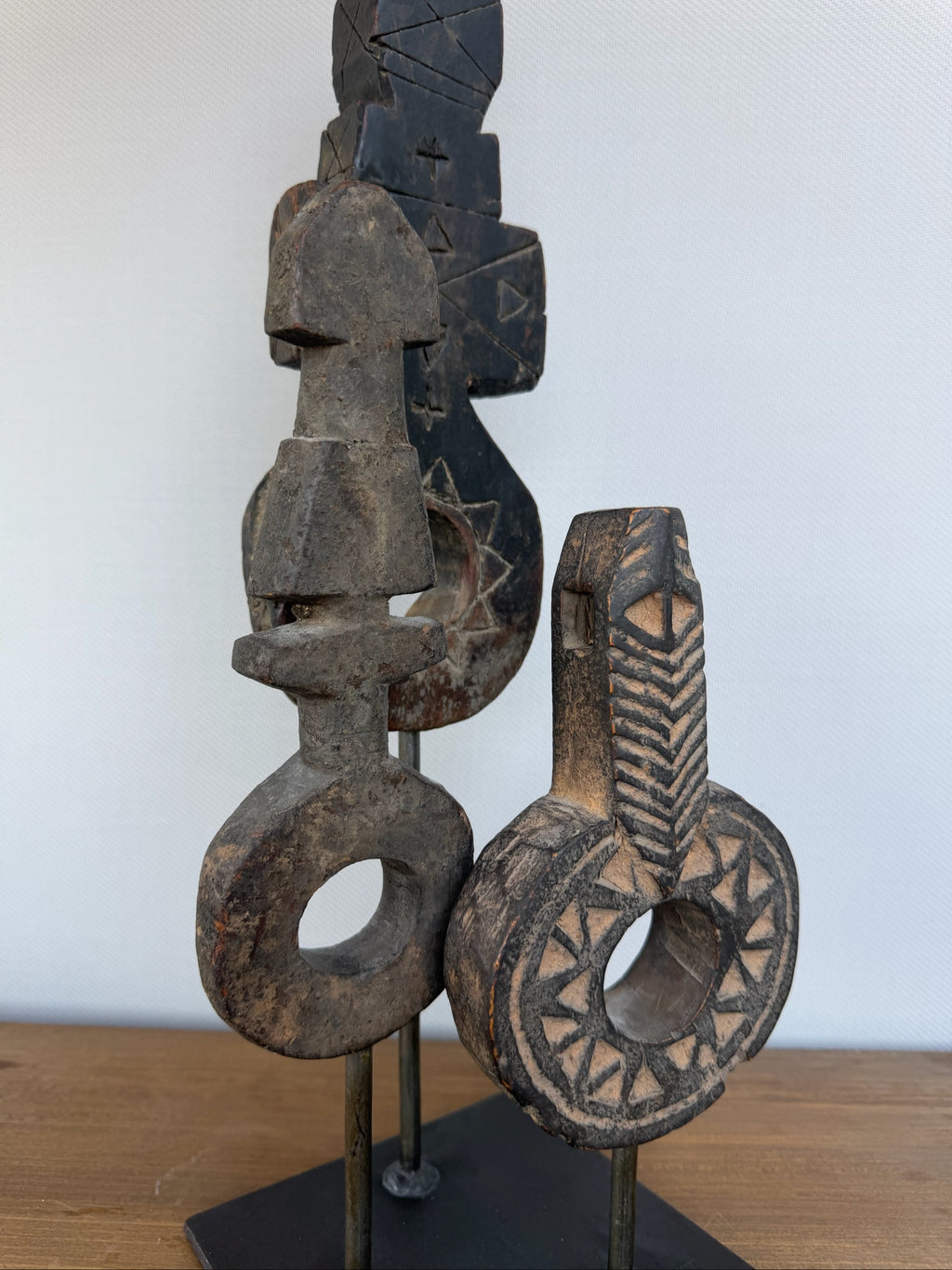 Hand Carved Tribal Abstract Sculpture Set on Metal Stand