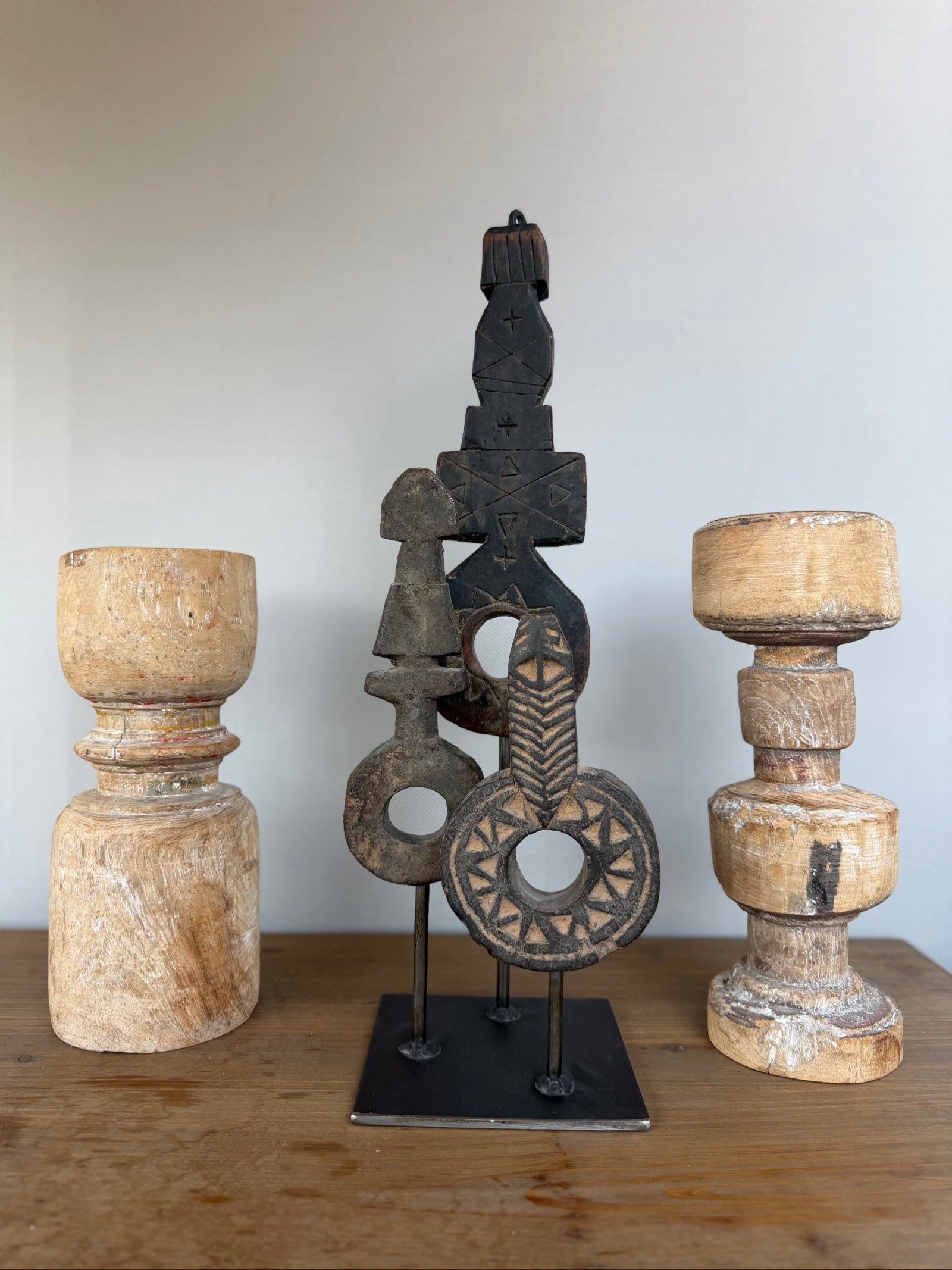 Rustic Boho Wooden Sculptures and Abstract Stand Set