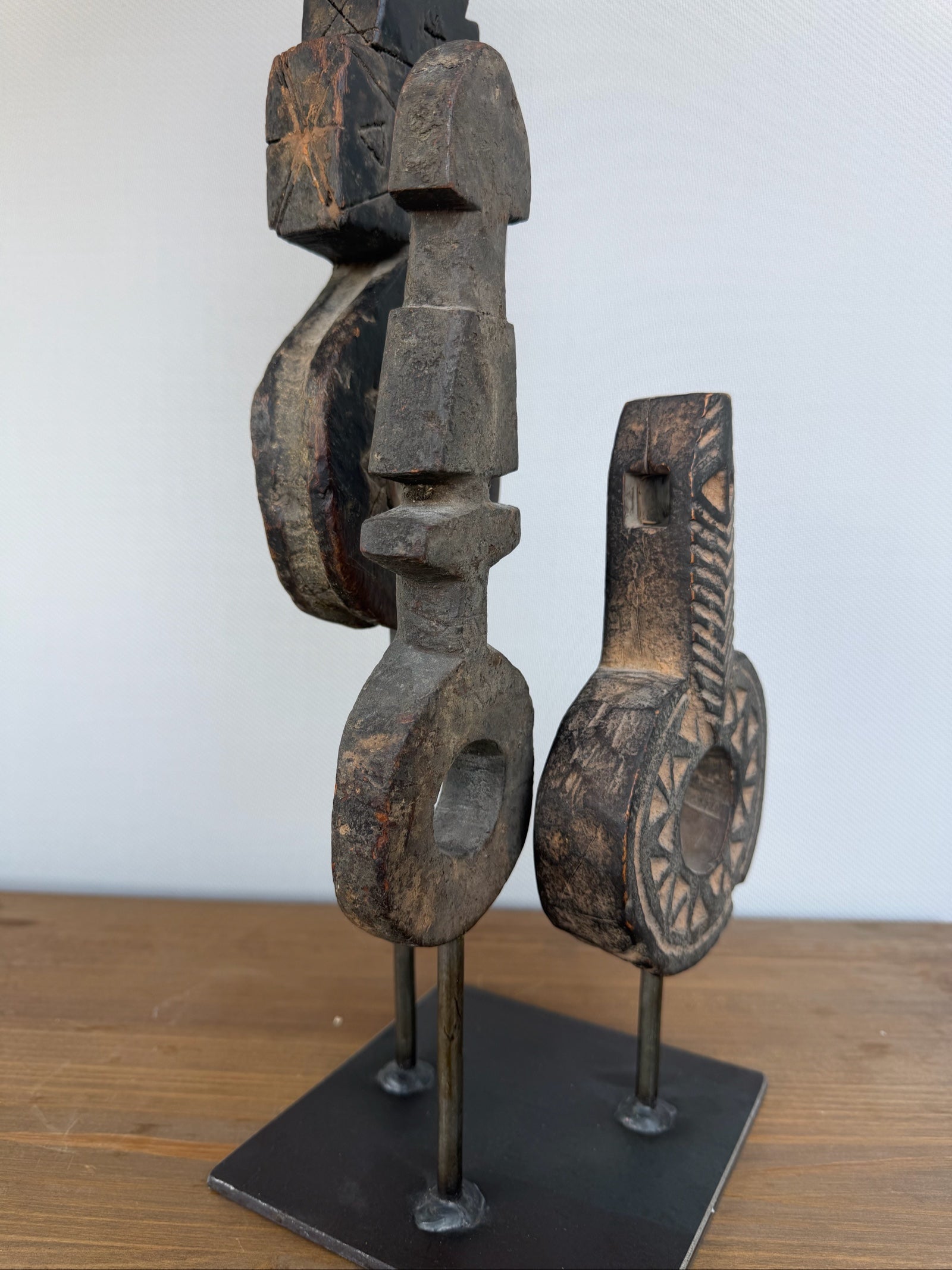 Hand Carved Tribal Abstract Sculpture Set on Metal Stand