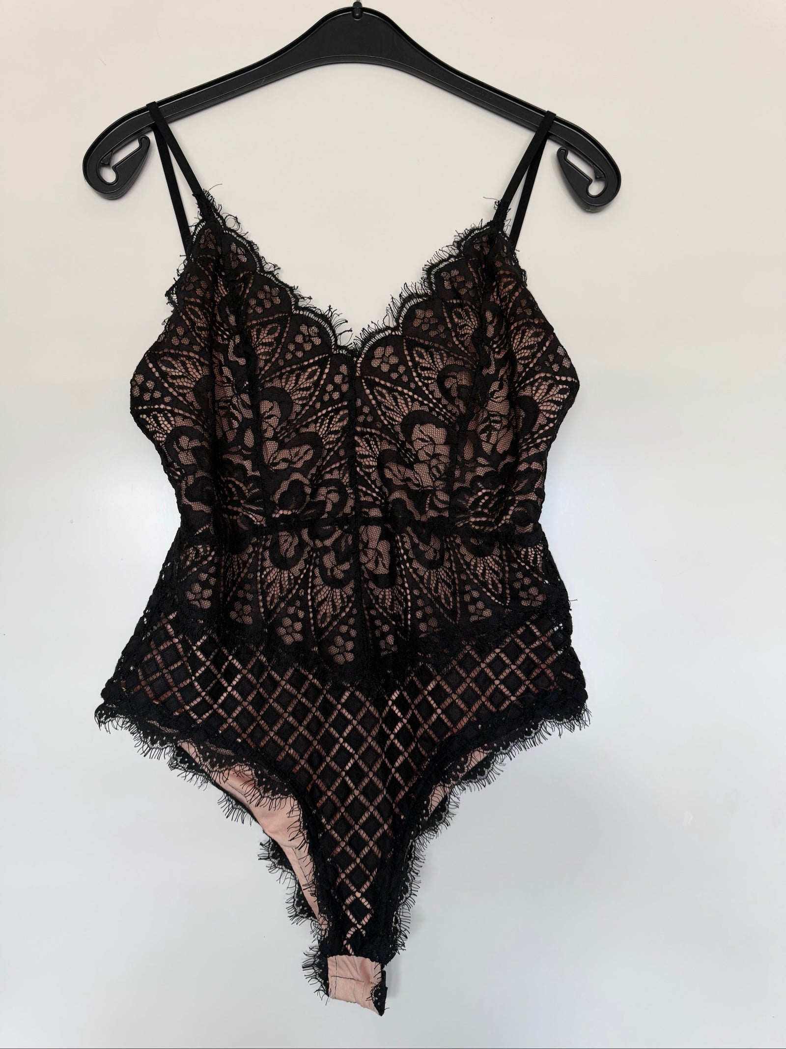 Black Lace Bodysuit Lingerie Size S/M Sheer Floral Design