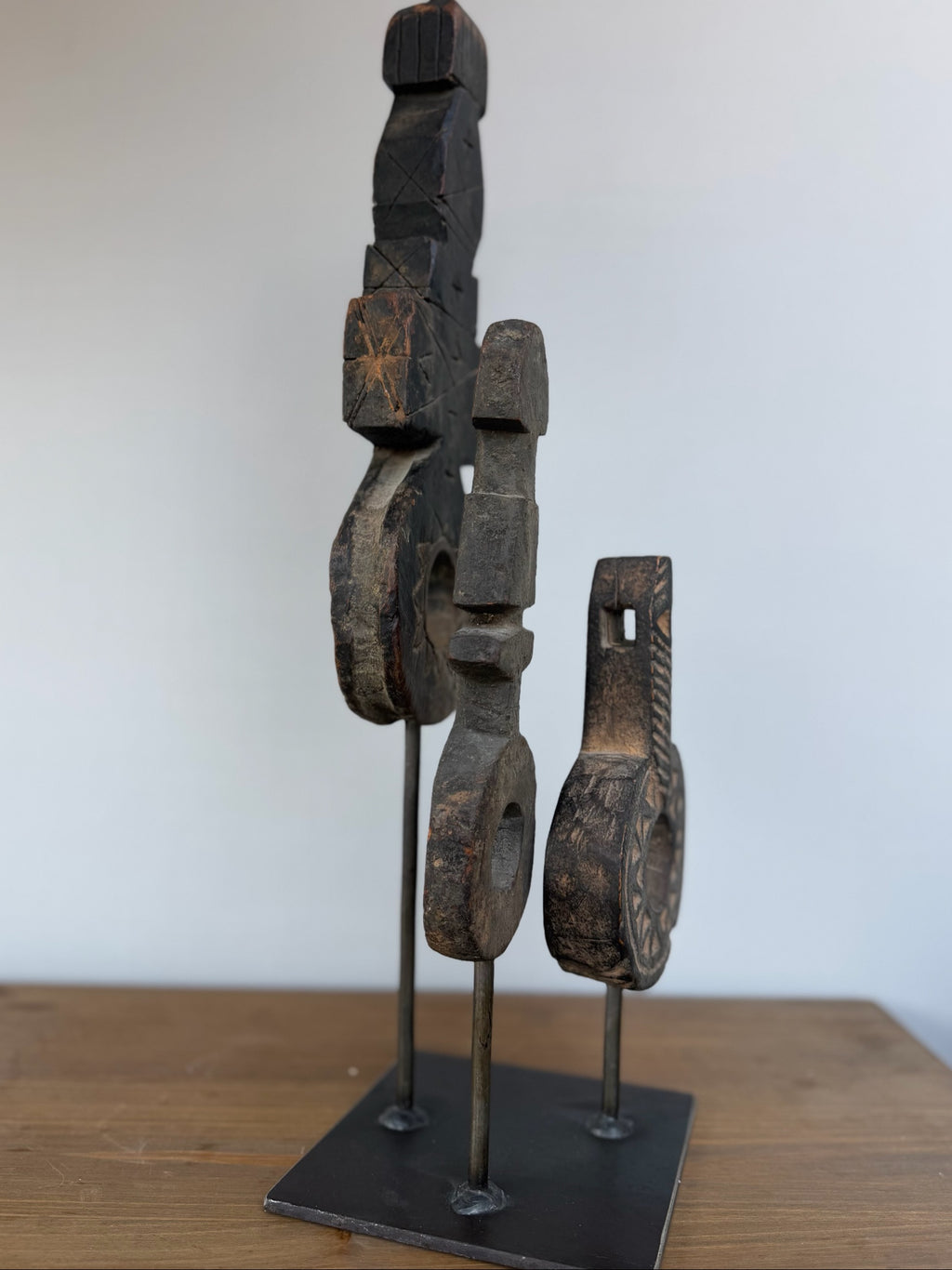 Hand Carved Tribal Abstract Sculpture Set on Metal Stand
