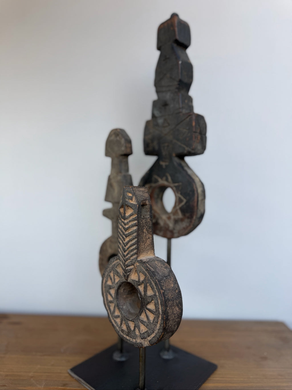Hand Carved Tribal Abstract Sculpture Set on Metal Stand