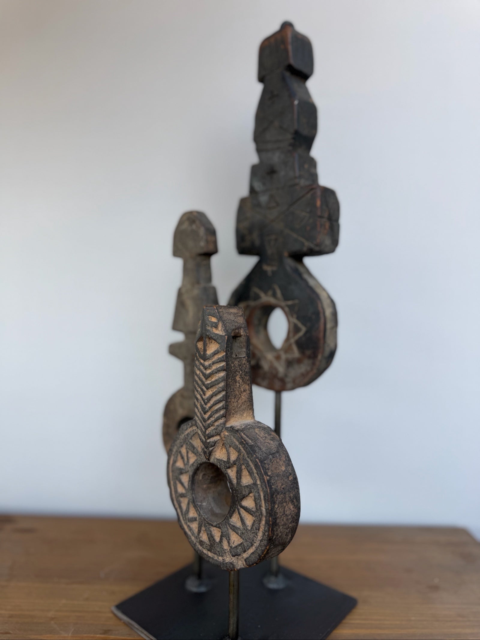 Hand Carved Tribal Abstract Sculpture Set on Metal Stand