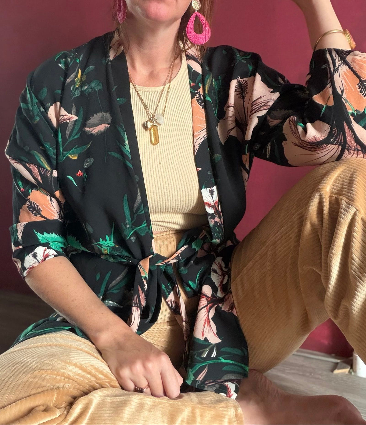 ONLY casual kimono robe black floral print with green and pink accents, lightweight fabric.