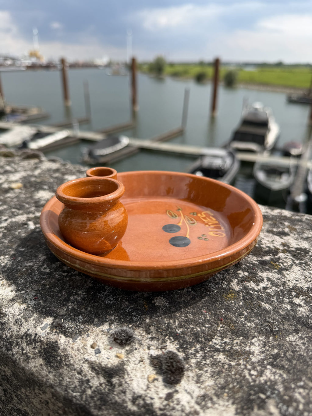 Mediterranean Brown Ceramic Olive Dish with Two Small Containers
