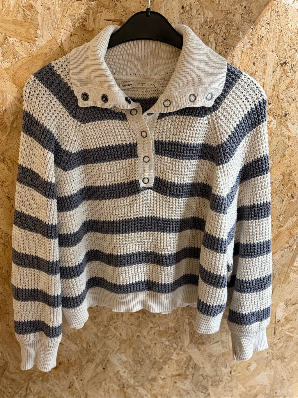 Pull&amp;Bear Cream &amp;Grey Striped Knit Sweater Small Cotton Blend