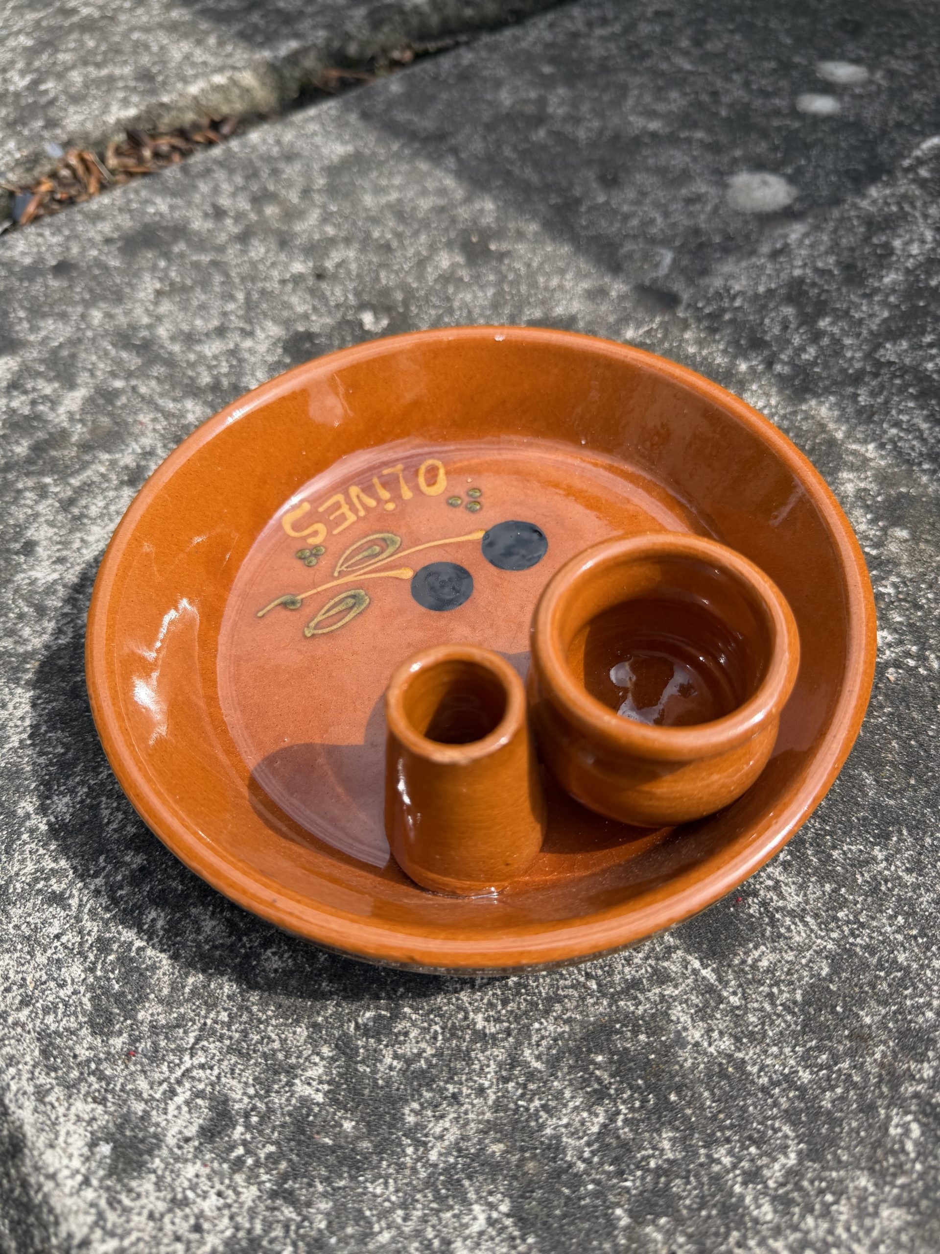 Mediterranean Brown Ceramic Olive Dish with Two Small Containers