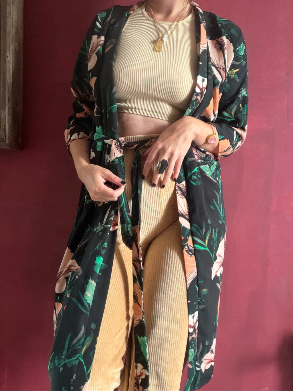 ONLY casual kimono robe black floral print with green and pink accents, lightweight fabric.