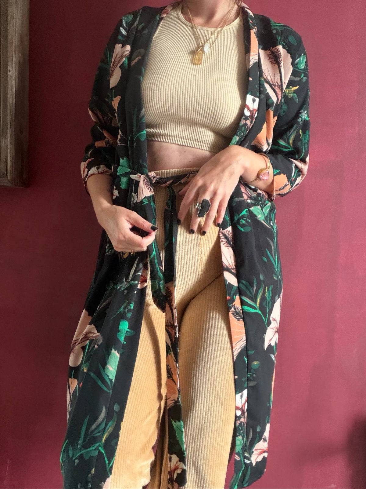 ONLY casual kimono robe black floral print with green and pink accents, lightweight fabric.