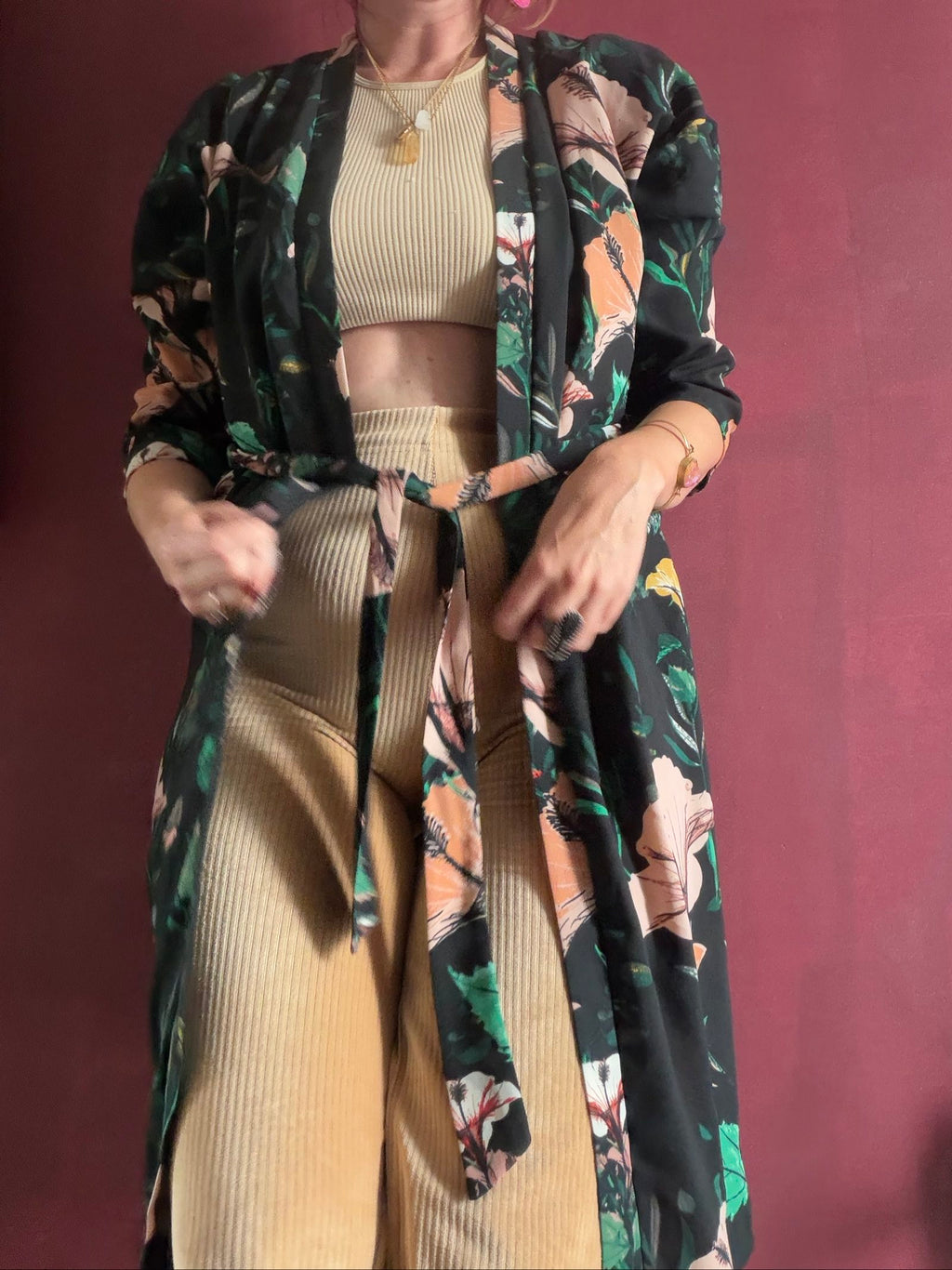 ONLY casual kimono robe black floral print with green and pink accents, lightweight fabric.