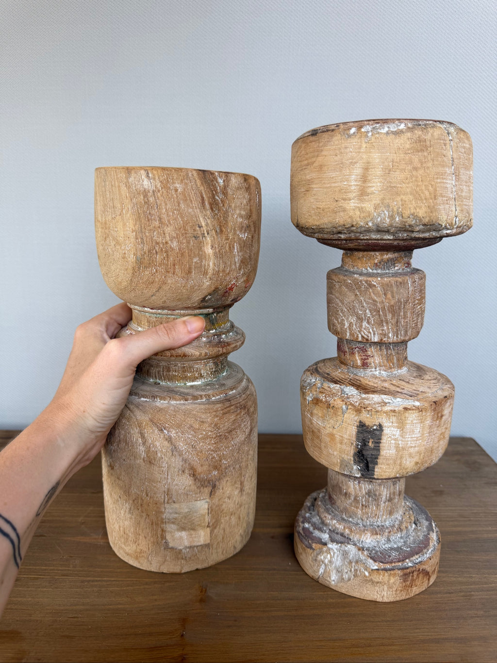 Vintage Natural Wood Decorative Candle Holders Pair