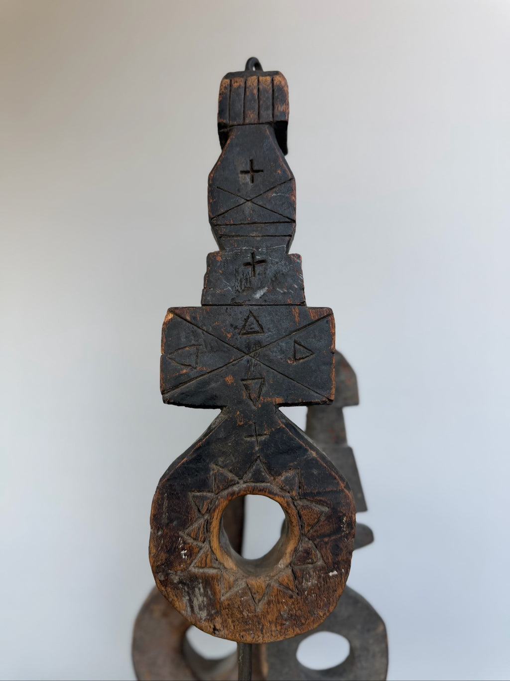 Hand Carved Tribal Abstract Sculpture Set on Metal Stand