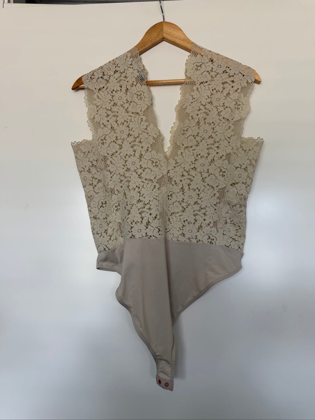 Super Sexy Romantic Beige Lace Bodysuit V-Neck Detail L