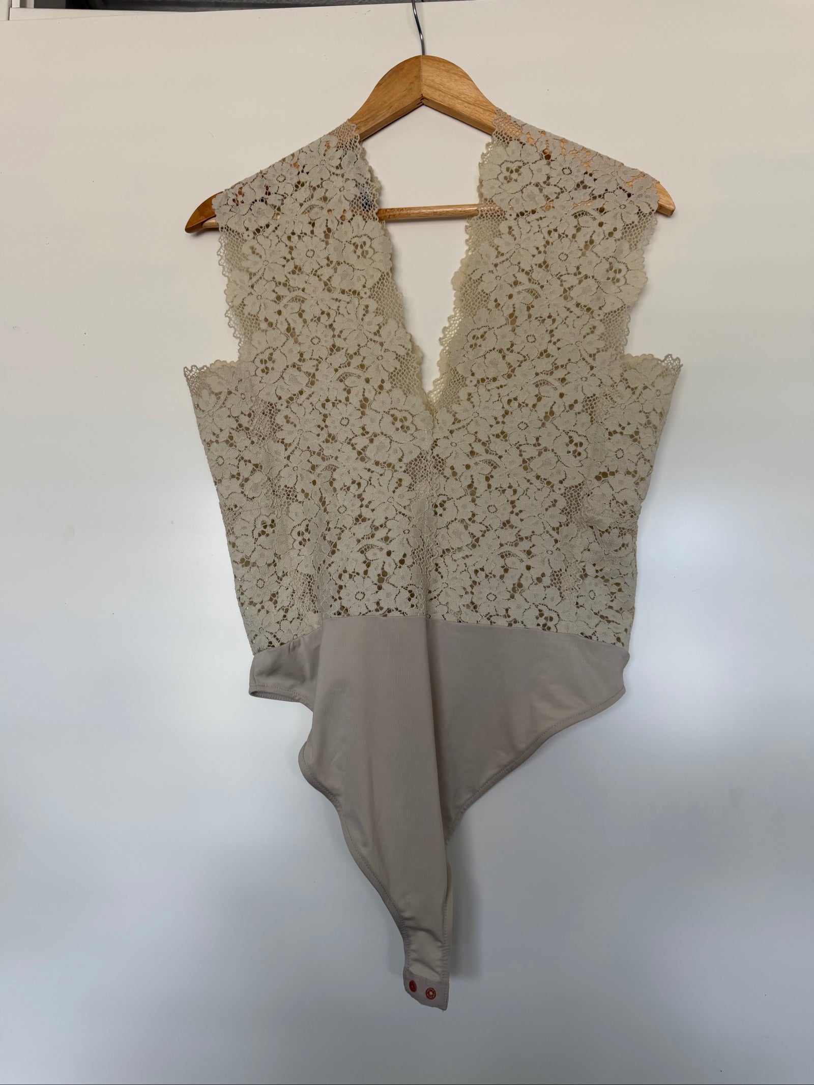Super Sexy Romantic Beige Lace Bodysuit V-Neck Detail L