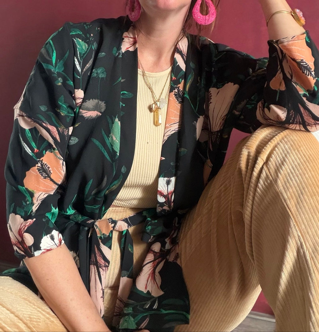 ONLY casual kimono robe black floral print with green and pink accents, lightweight fabric.