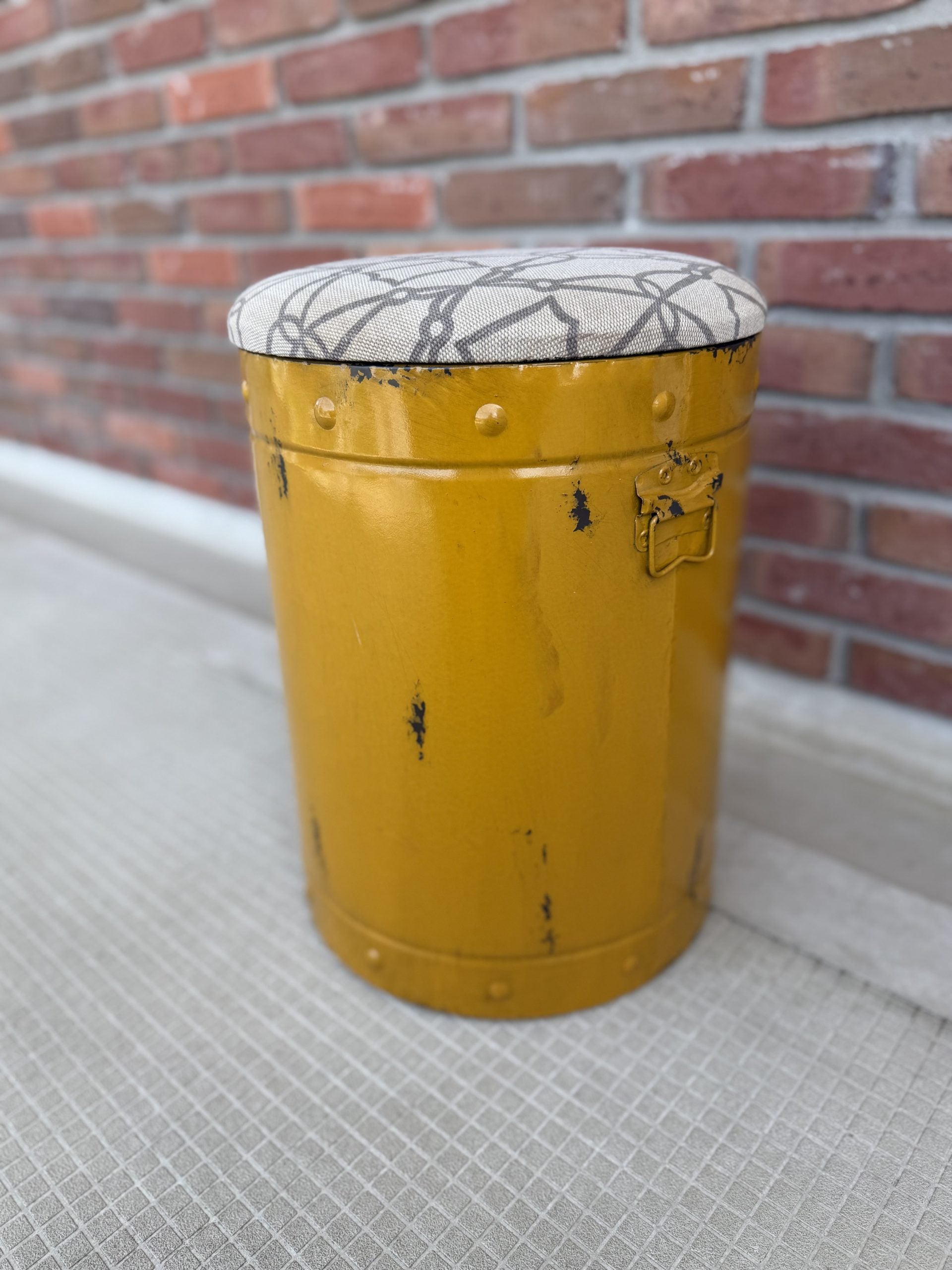 Yellow Retro Industrial Metal Stool with Patterned Fabric Seat