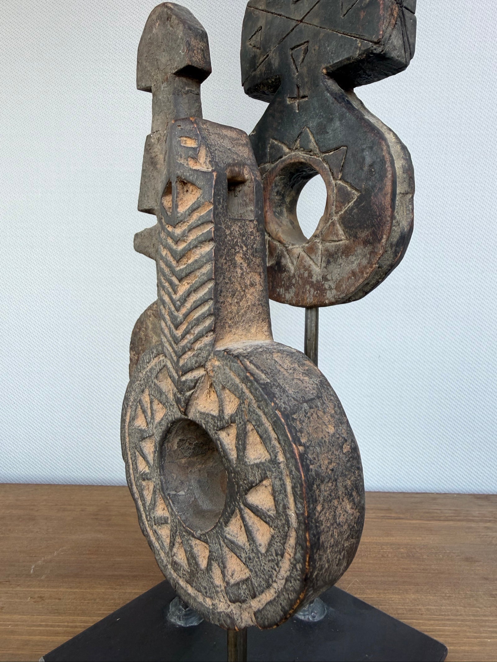 Hand Carved Tribal Abstract Sculpture Set on Metal Stand