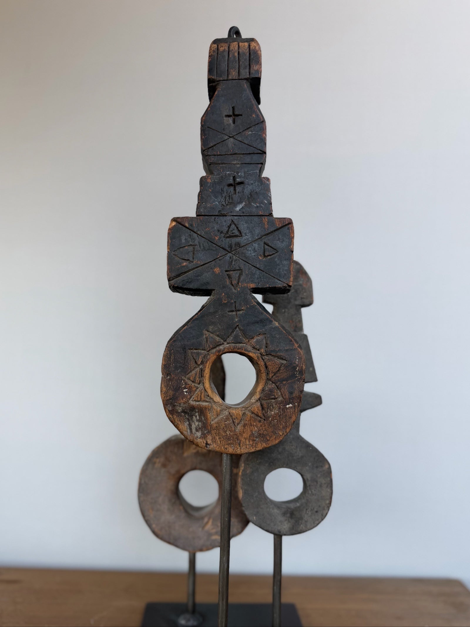Hand Carved Tribal Abstract Sculpture Set on Metal Stand