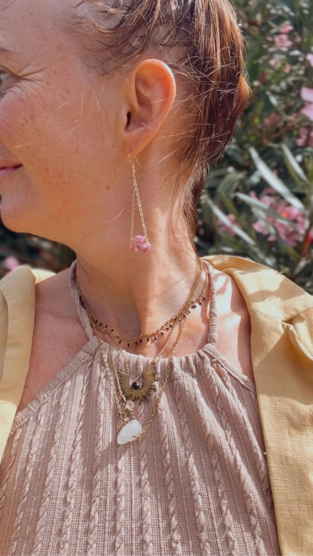 Nia Vintage Boutique gold earrings with rainbow tourmaline accents and boho chain design.