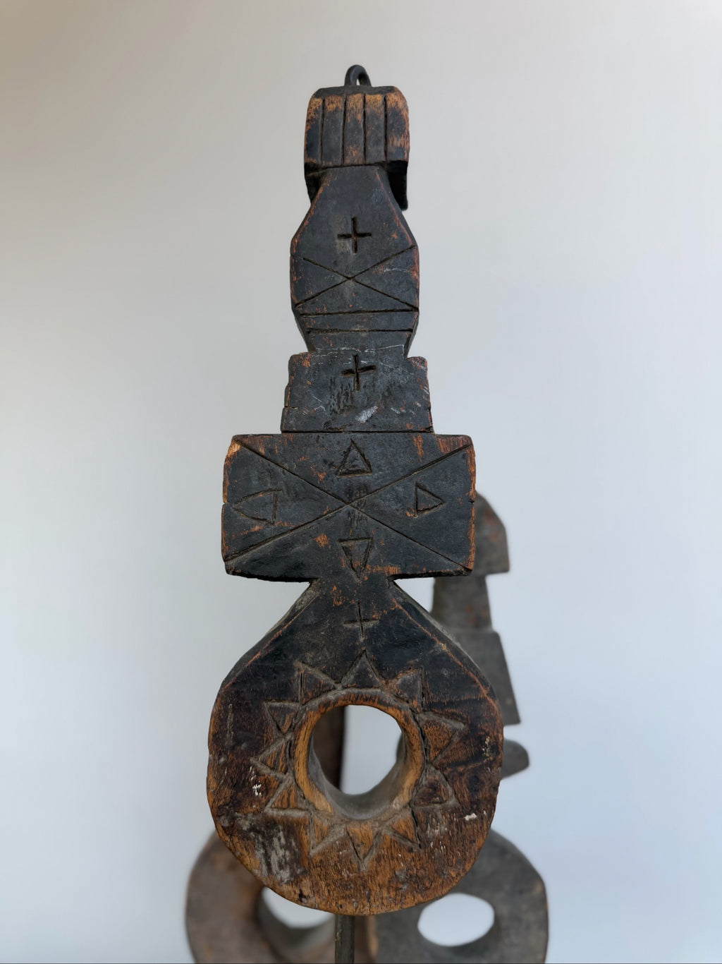Hand Carved Tribal Abstract Sculpture Set on Metal Stand