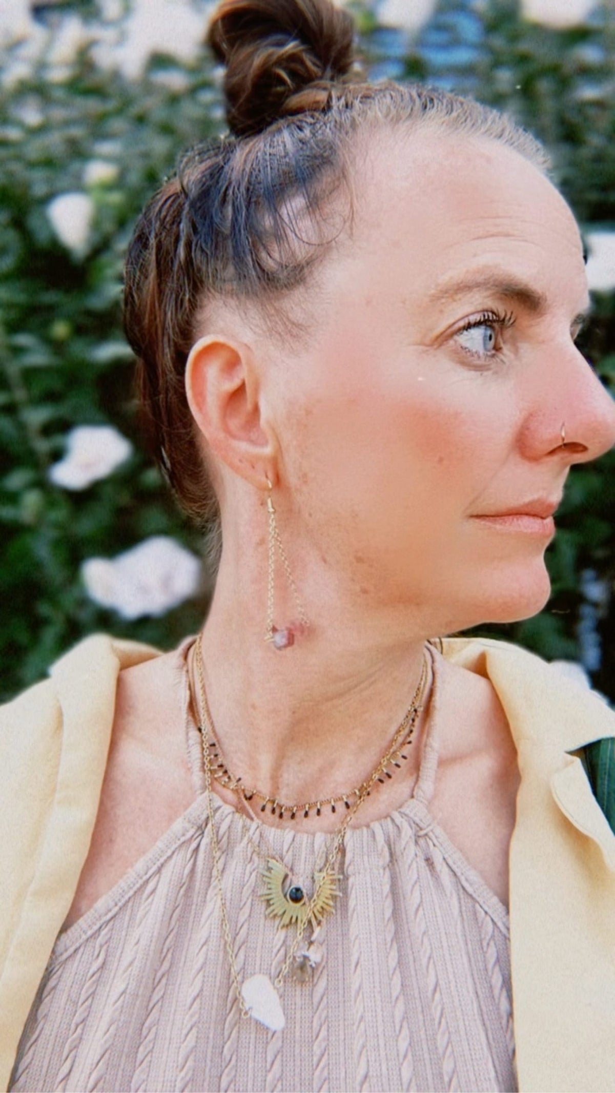 Nia Vintage Boutique gold earrings with rainbow tourmaline accents and boho chain design.
