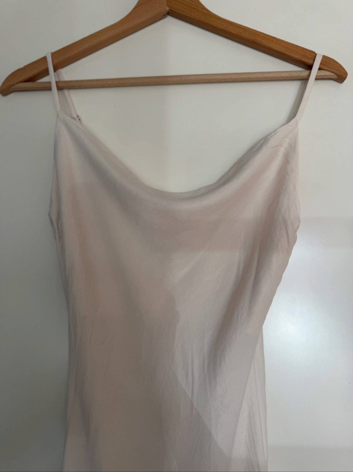 Bershka beige slip dress with thin straps and lightweight 100% viscose material.