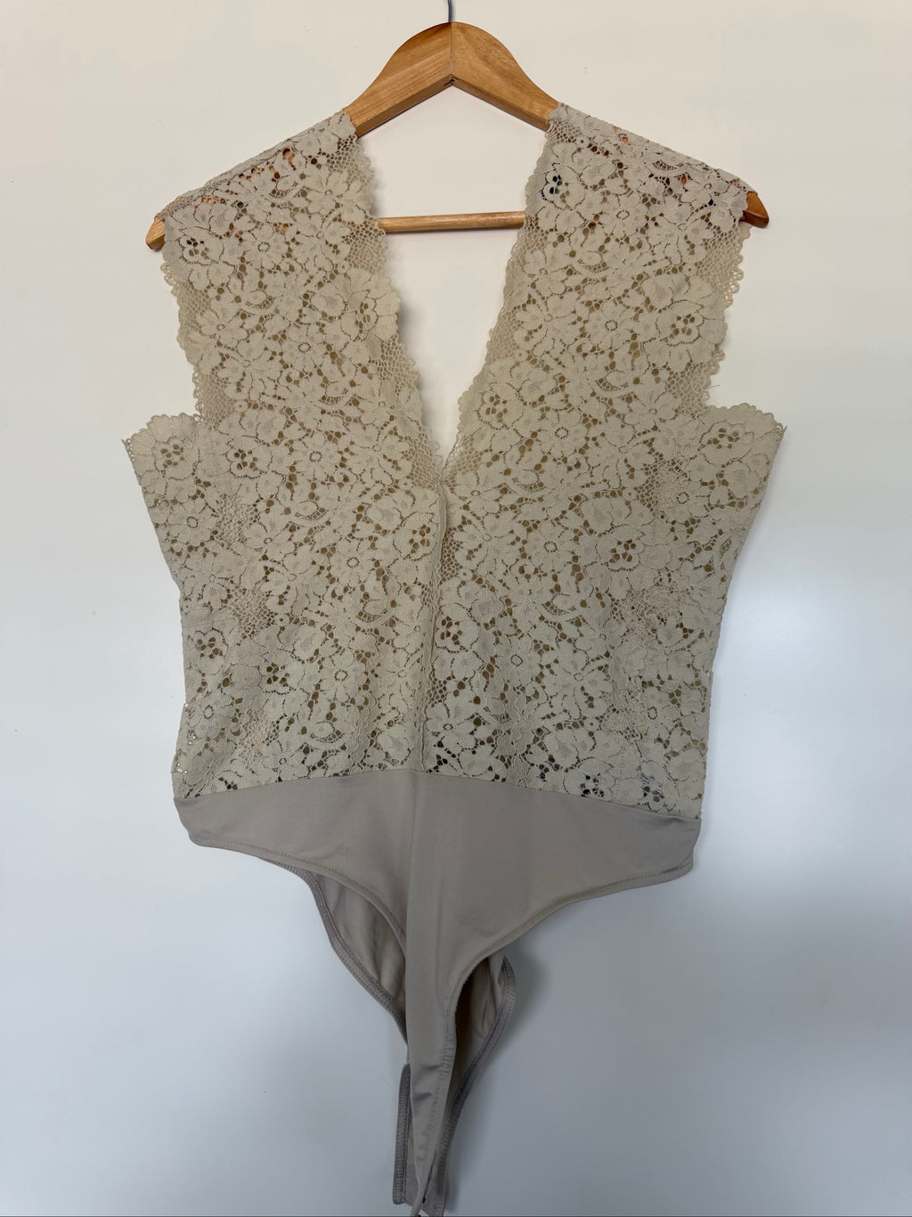 Super Sexy Romantic Beige Lace Bodysuit V-Neck Detail L