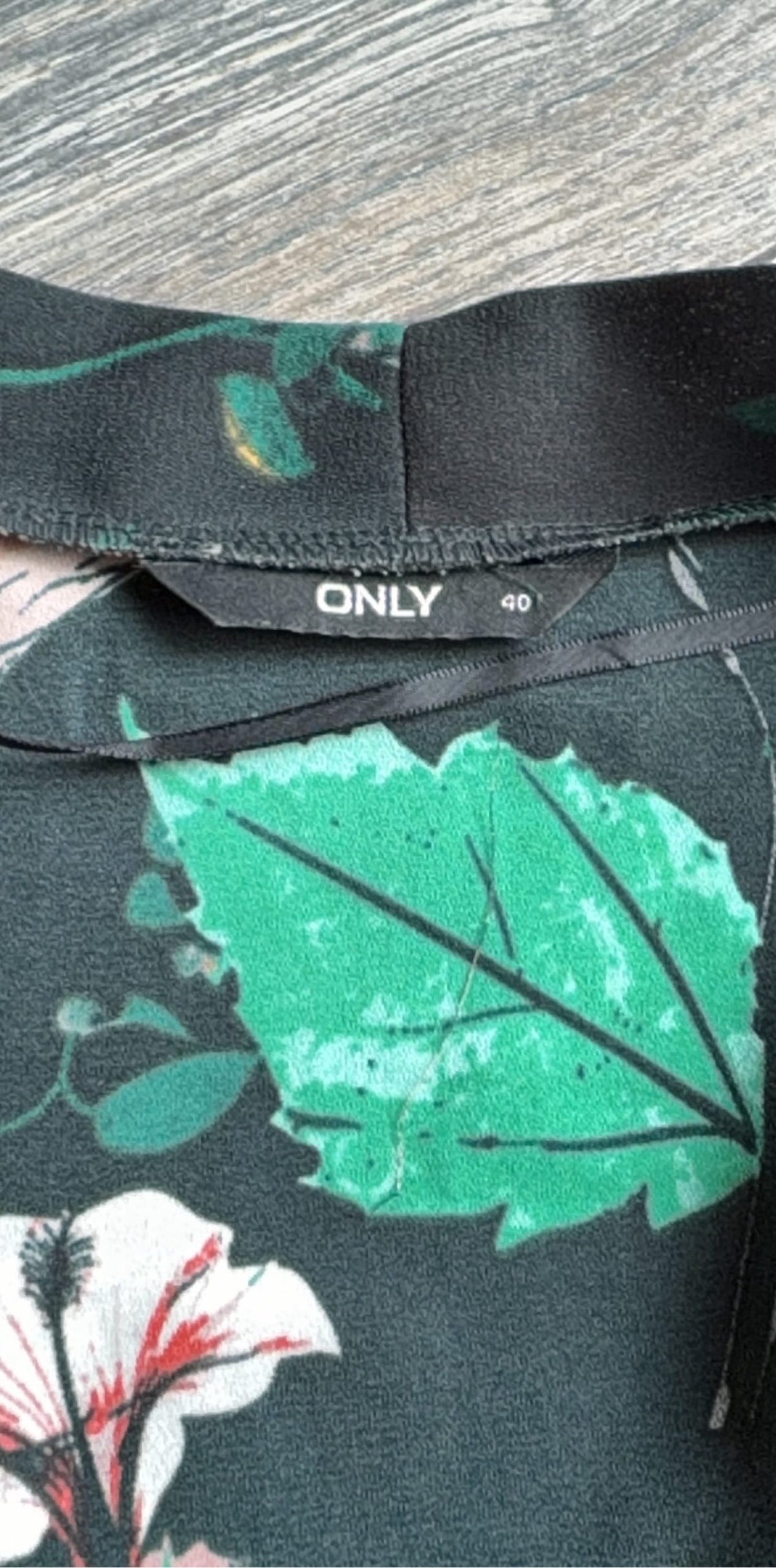 ONLY casual kimono robe black floral print with green and pink accents, lightweight fabric.
