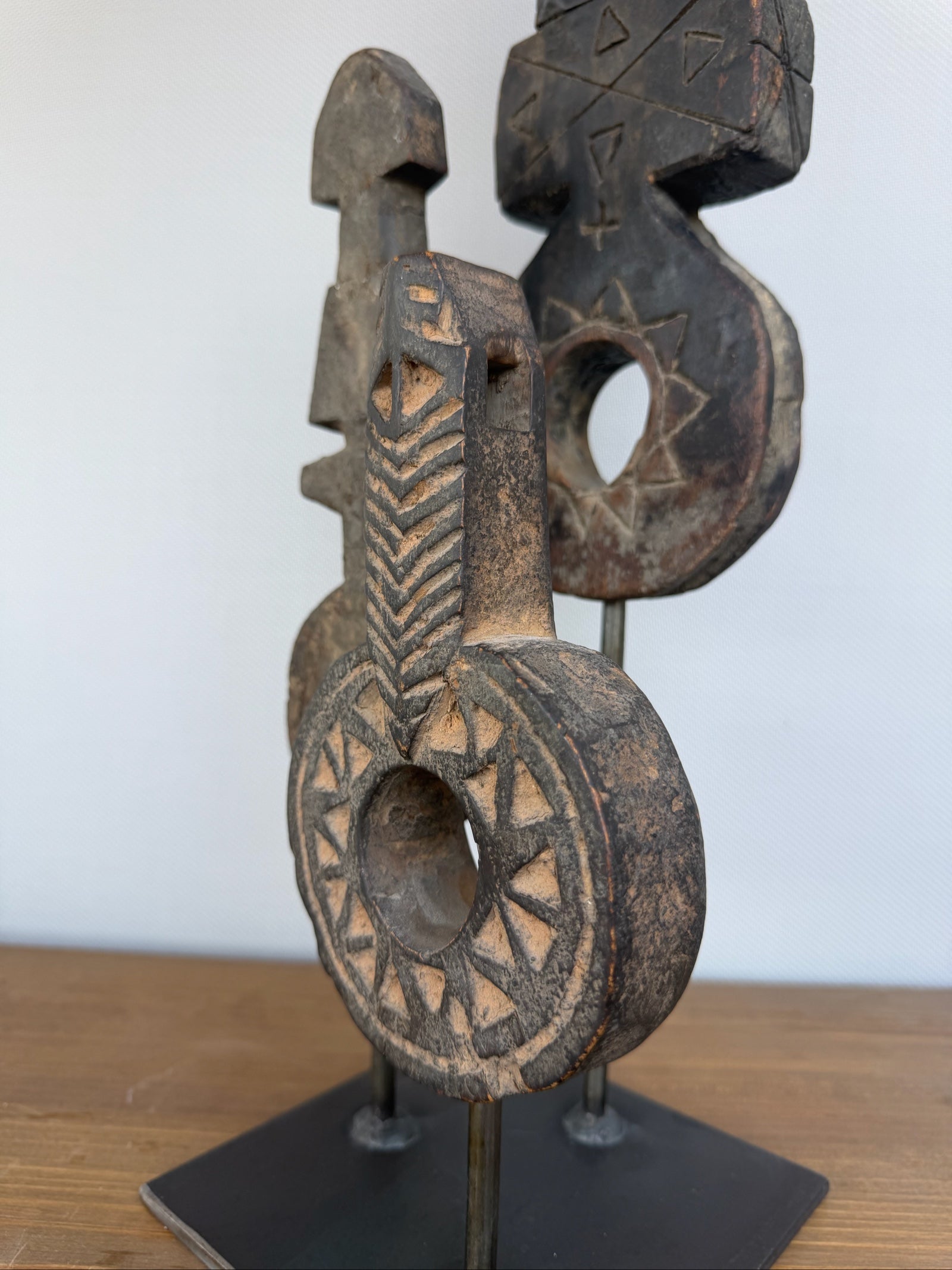 Hand Carved Tribal Abstract Sculpture Set on Metal Stand