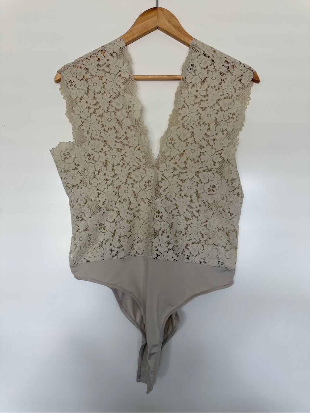 Super Sexy Romantic Beige Lace Bodysuit V-Neck Detail L