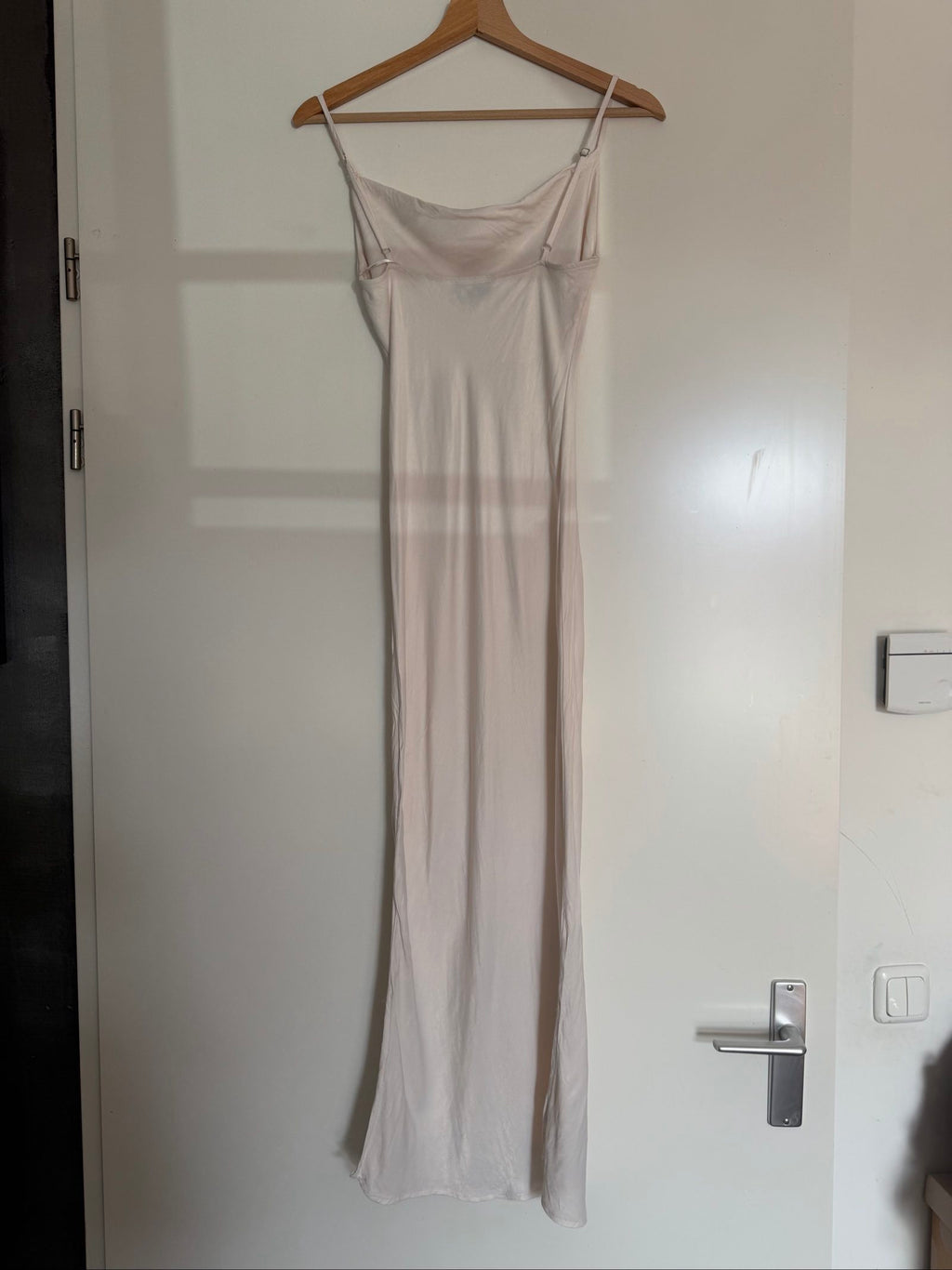 Bershka beige slip dress with thin straps and lightweight 100% viscose material.
