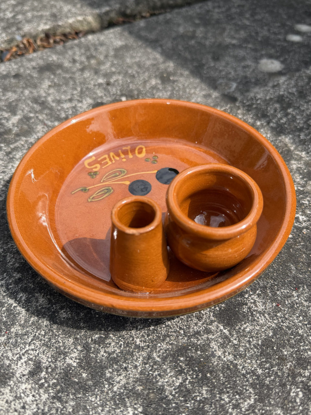 Mediterranean Brown Ceramic Olive Dish with Two Small Containers